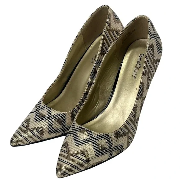 Gold Metallic Black Formal Dress Stiletto Pumps‎ Heels 8.5M Torta Caliente