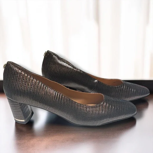 J. Renee Bronze Metallic Lizard Embossed Square Toe Block Heel Pumps