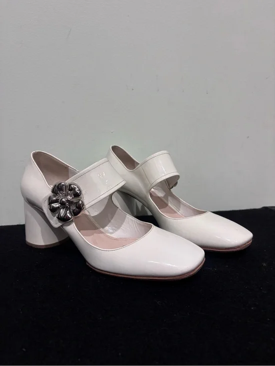 Prada White Patent Mary Jane Block Heel Pumps with Silver Floral Buckle