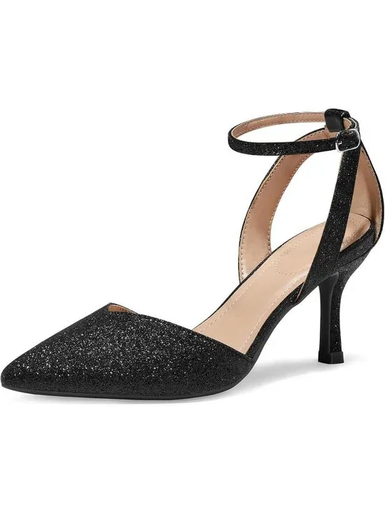 Women's Black Glitter Closed Toe Kitten Heels Comfortable Dress Pumps Shoes