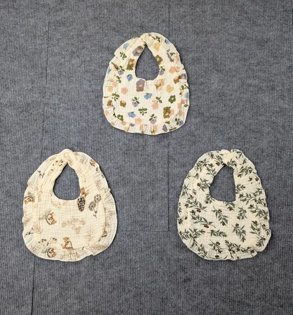 Cotton Gauze Bib Lot of 3 Natural FIber Neutral Graphic Floral Animal Minimal