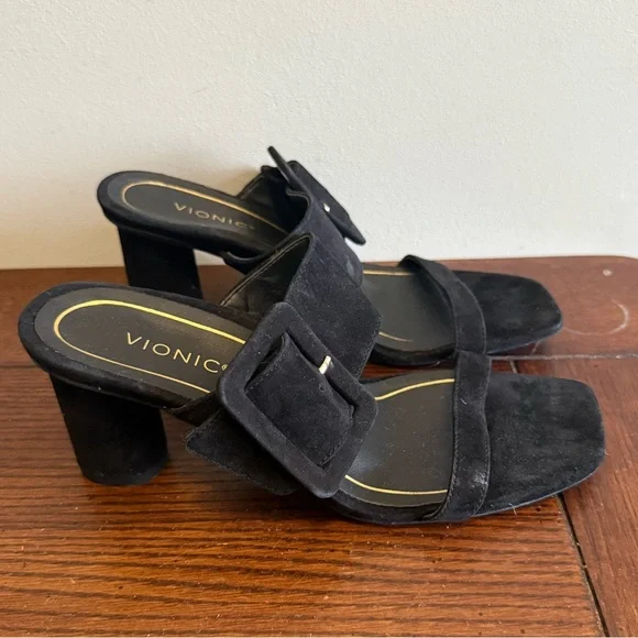 Vionic Brookelle‎ Black Suede Buckle Heeled Sandals 6.5