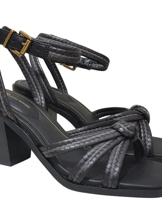 Woven Ankle-Strap Block Heel Sandals - Black
