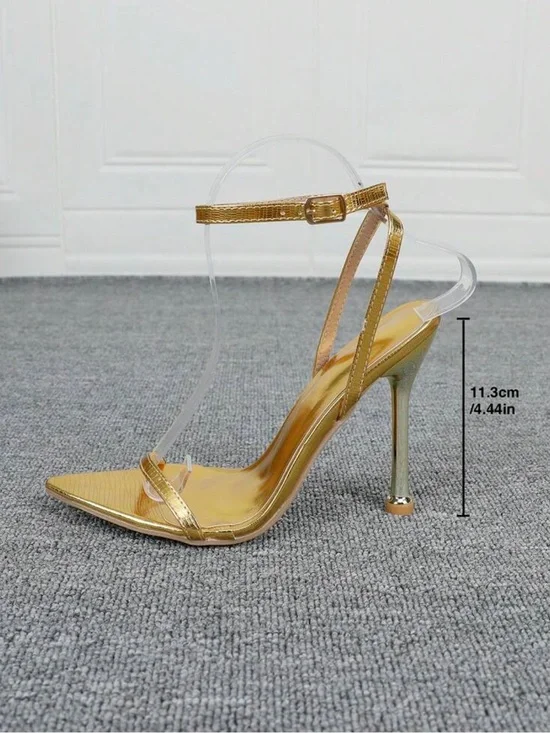 Gold Pointed Toe Stiletto Sandals with Ankle Strap