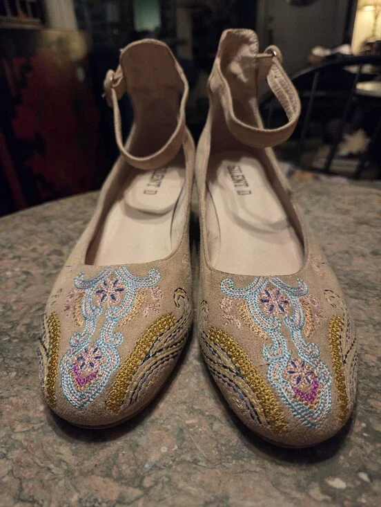 Silent D Women’s Embroidered Ankle-Strap Low Heels - Pale Pink