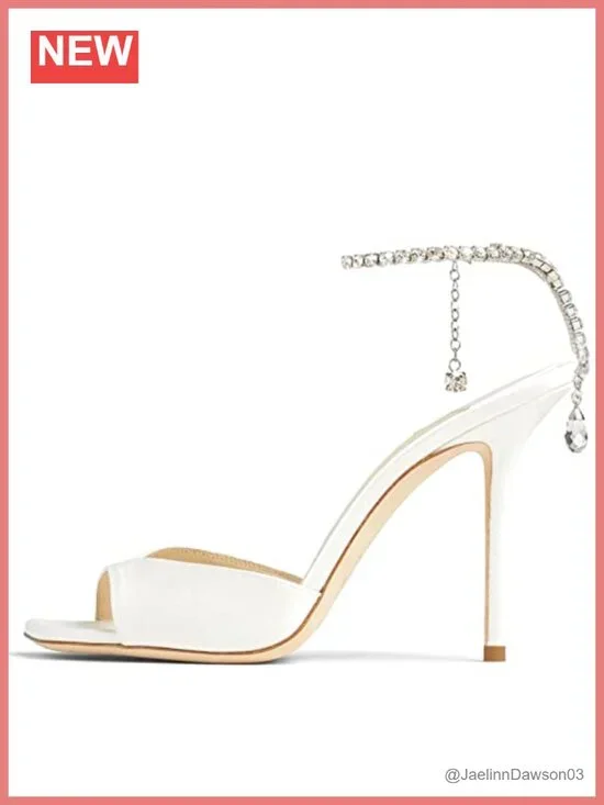 Women's Satin Heeled Sandals with Crystal Chain Ankle Strap Stiletto Square
