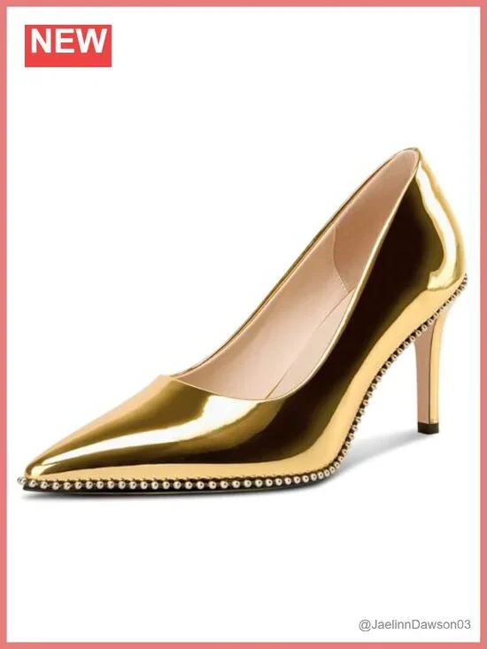 Women's Pointed Toe Stiletto Heels, Slip-on Patent Leather Pumps, Silver Beaded