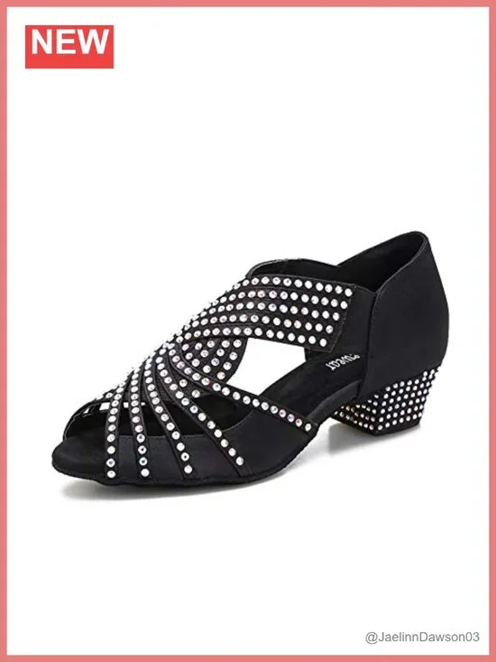 Women's Rhinestone Ballroom Latin Dance Shoes Soft Satin Low Chunky Heel