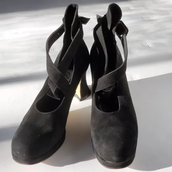Classic Black Suede Crisscross Strap Heels
