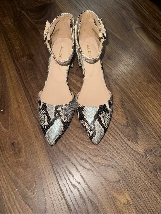 Aldo Snake-Print Pointed Toe Ankle Strap Heels - Black & Cream