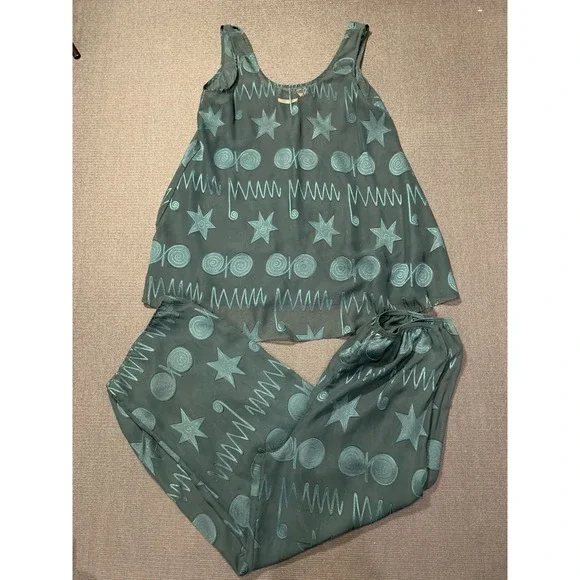 Victoria Secret Gold Label Sheer Pajamas Set Size Medium Green Geometric Vintage