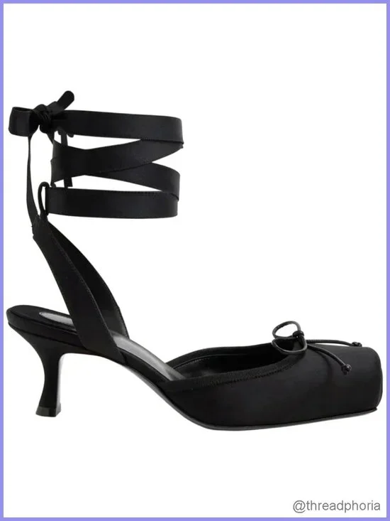Lace Up Ballet Pumps Women Kitten Heels Closed Toe Slingback Satin Bow Dressy