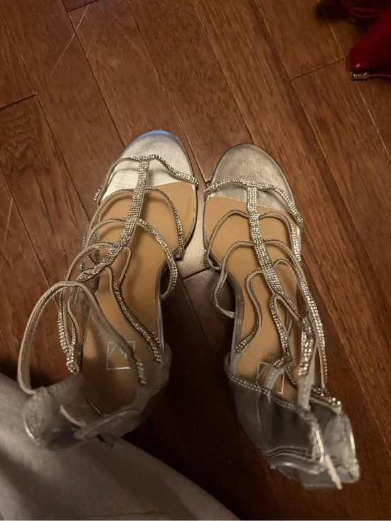 Material Girl Silver Rhinestone Strappy Heels