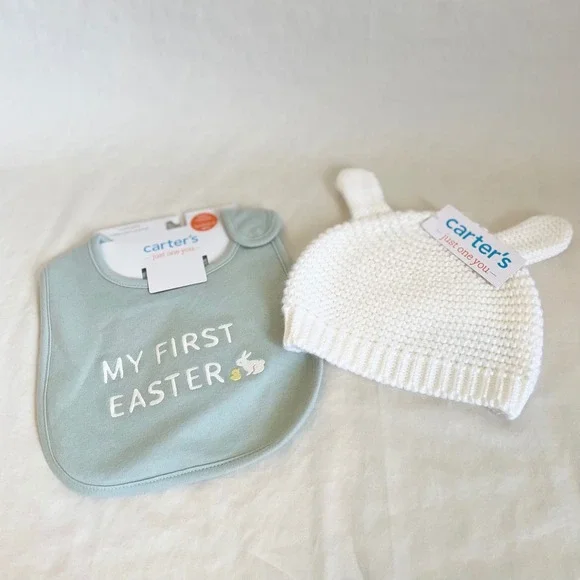 Carters Just One You My First Easter Bib and Bunny‎ Ear Knit Beanie Set NWT
