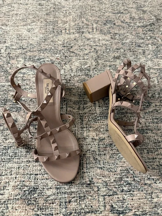 Valentino Garavani Taupe Rockstud Strappy Block Heel Sandals
