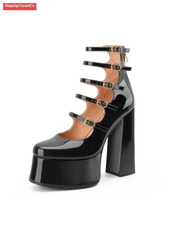 Patent Leather Platform Mary Jane Heels Chunky Block Heel Adjustable Strap