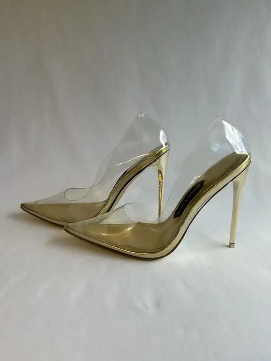 Jessica Rich Shoes Womens Size 36 Clear Stiletto Heels Pointed Toe Pumps Gold