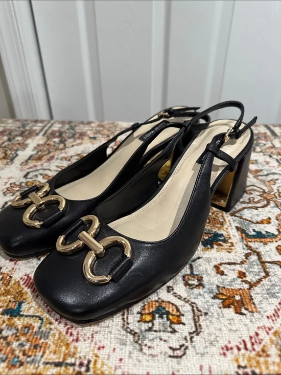 Nine West Black Leather Slingback Block Heels with Gold Chain Detail