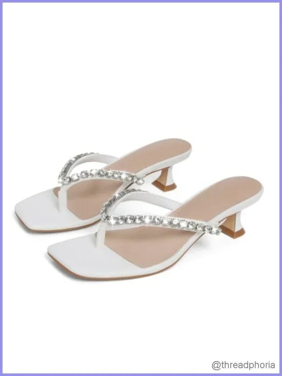 Rhinestone Kitten Heel Sandals Square Toe Low Heel Slip On Dressy Summer Shoes