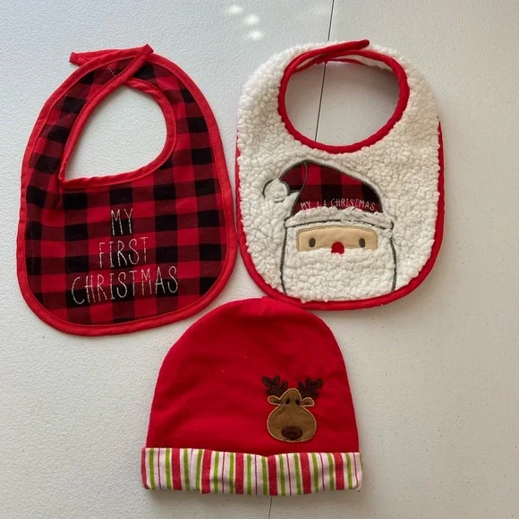 NWOT EUC Chick Pea baby first Christmas Santa plaid one size bibs hat bundle set