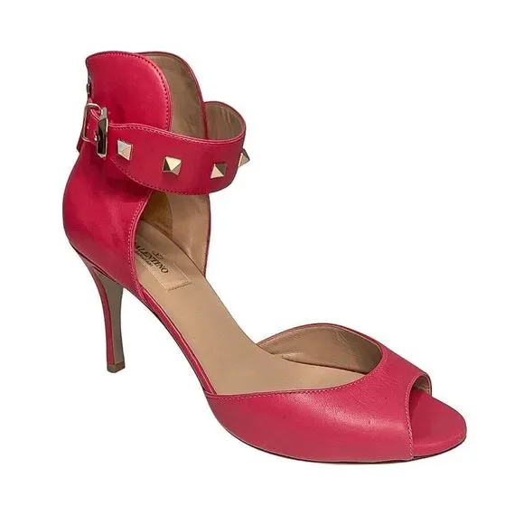 Valentino Garavani Leather Rockstud Ankle Strap Heels EU 38.5 US 8.5 Pink Pumps
