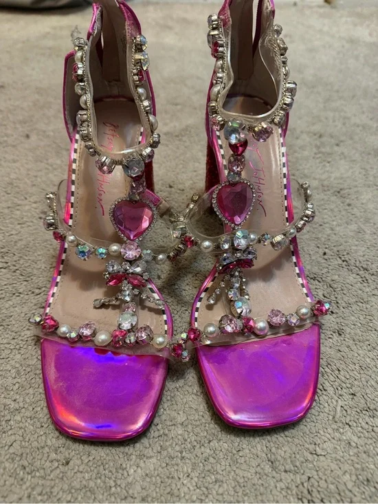 Betsey Johnson Iridescent Pink Jeweled Heart T-Strap Heels