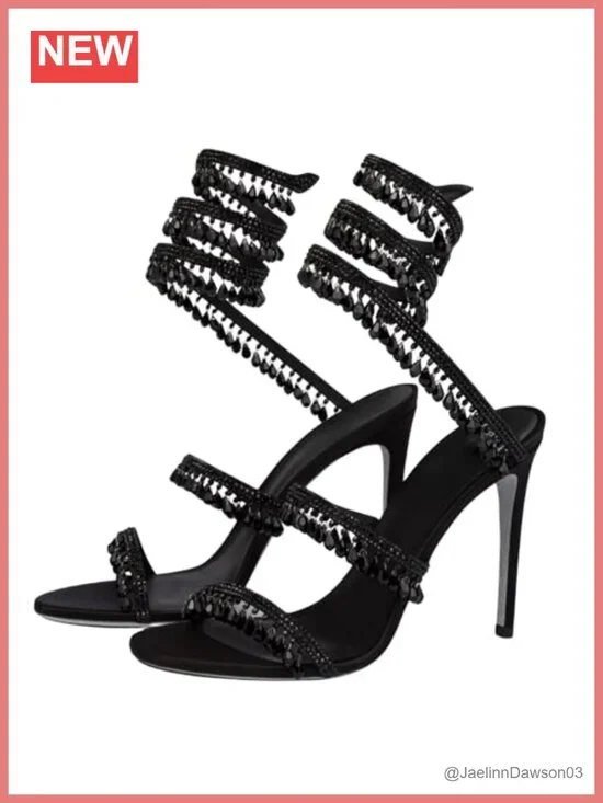 Rhinestone Tassel Stiletto Sandals Lace Up Heels for Women Formal Wedding Prom