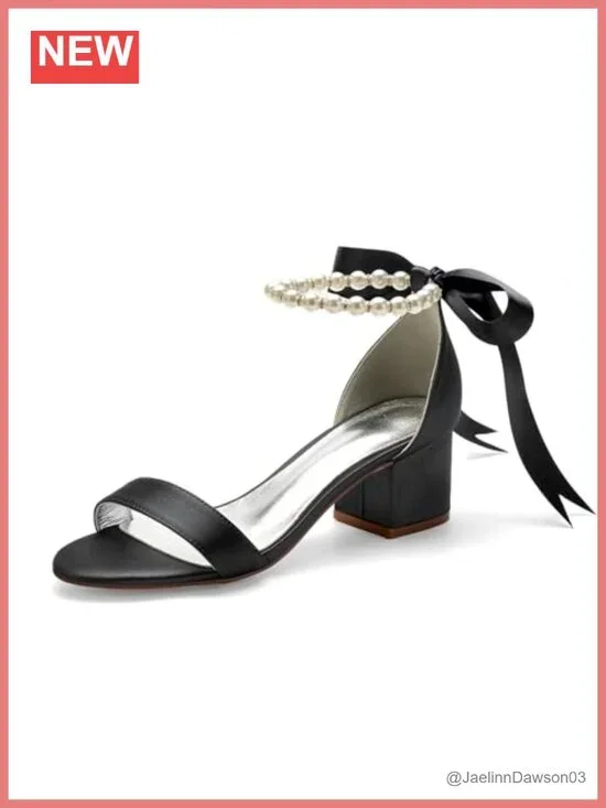 Women's Low Block Heel Sandals Peep Toe Ankle Strap Pearl Wedding Dress Shoes