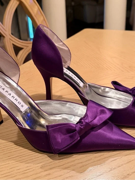 Caparros Purple Satin D'Orsay Pointed-Toe Bow Heels