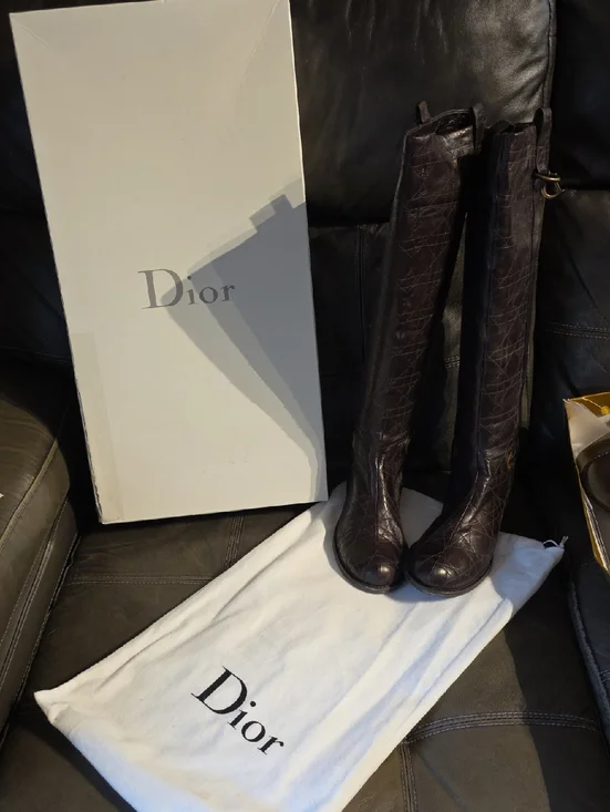 Dior Dark Brown Over-the-Knee Croc-Embossed Leather Boots