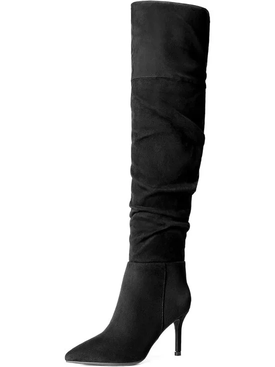 Women's Black Faux Suede Thigh High Pointed Toe Stiletto Sexy Over The Knee Boot