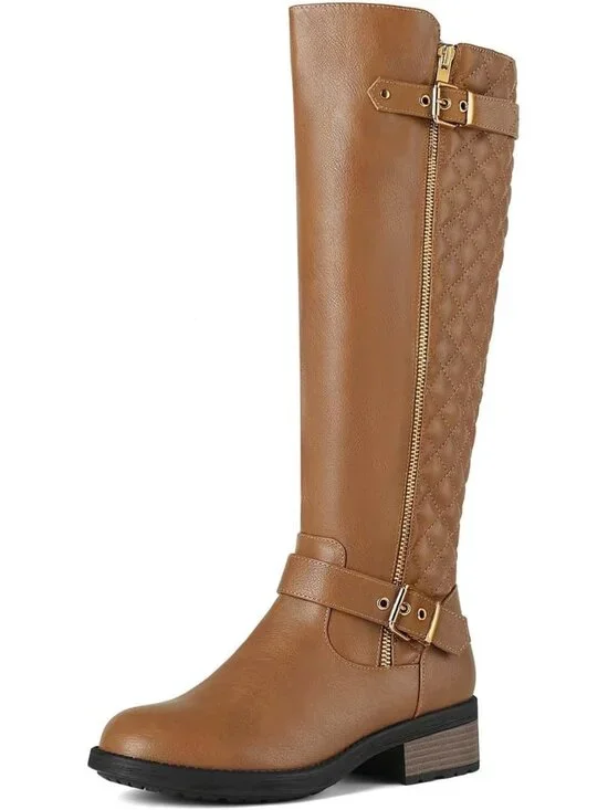 Women's Camel Comfortable Chunky Block Heel Round Toe Side Zipper Knee High Boot