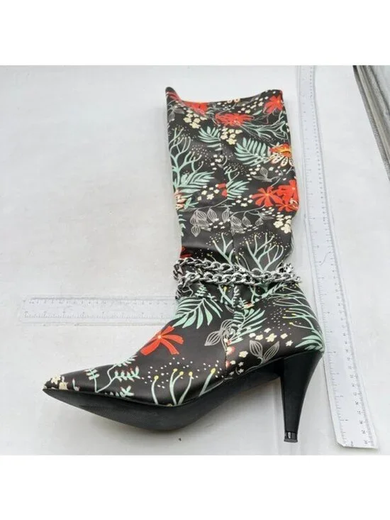 Women's Leather Pointed-Toe Stiletto Knee High Booties Sexy Metal Chain Decor