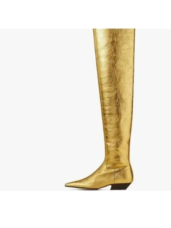 miss left Women Closed Square Toe Over the Knee Boots Wide Calf Low Heel Gold