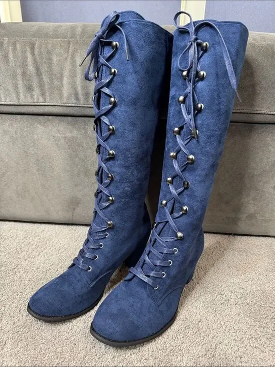 Tall Blue Faux Suede Lace-Up Women’s Boots Size 10 (43) NEW