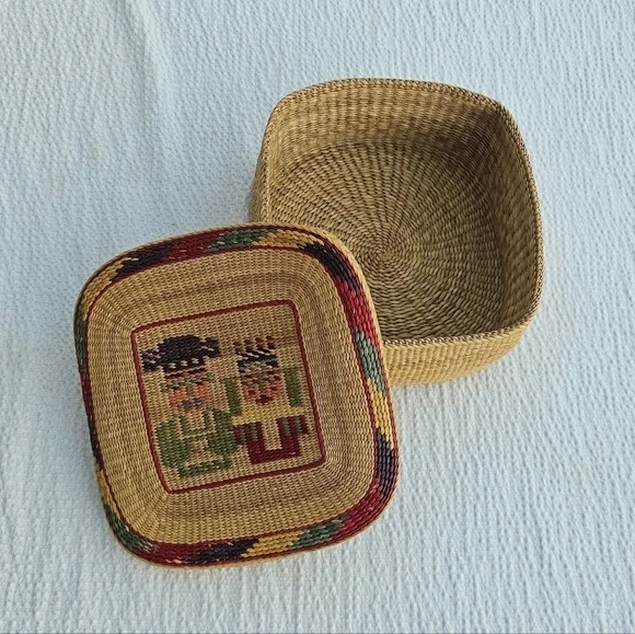 Vintage Handwoven South American Square Lidded Basket vibrant