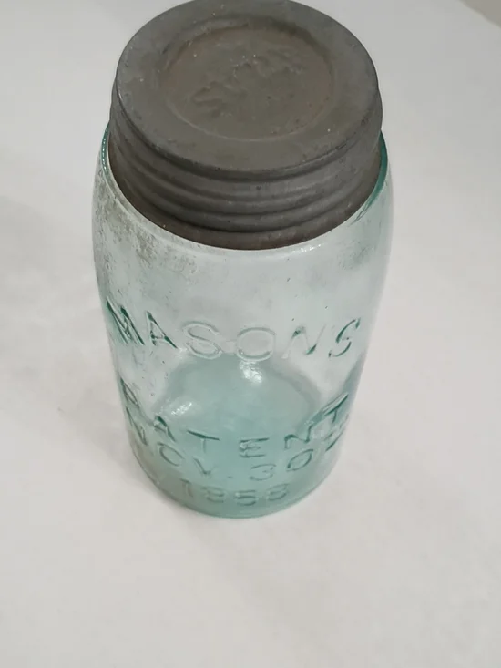 Mason Aqua Embossed Glass Jar with Metal Lid