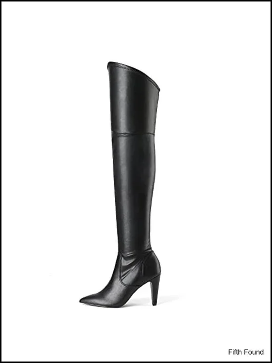 Over the Knee Boots Faux Leather Stretch Thigh High Heeled Pointed Toe Zip