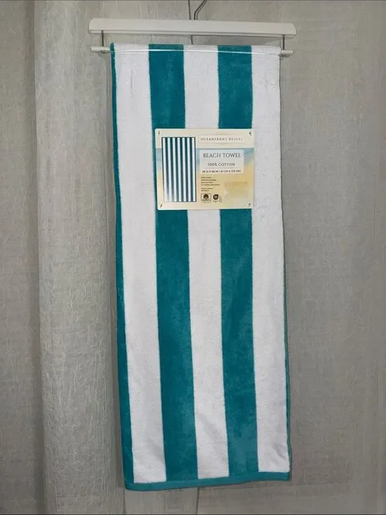 Teal Green White Cabana Stripe Large Cotton Beach Towel