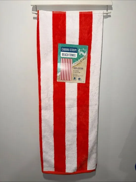 Coral Red White Cabana Stripe Large Cotton Beach Towel