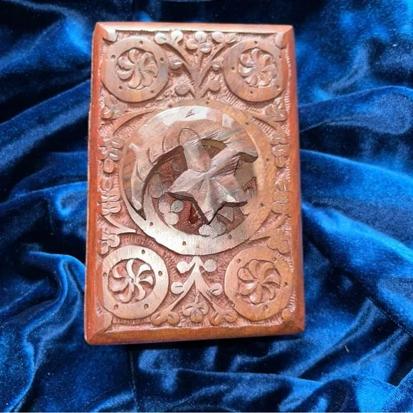 Handcarved Wooden Box with Star and‎ Moon Relief Design