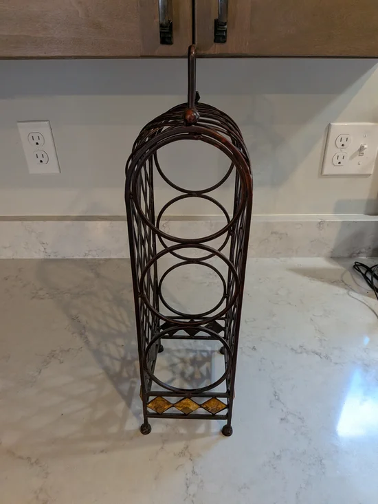 Vintage 1980s Wine Rack Wrought Iron 3 Bottle Dark Brown Storage With Handle
