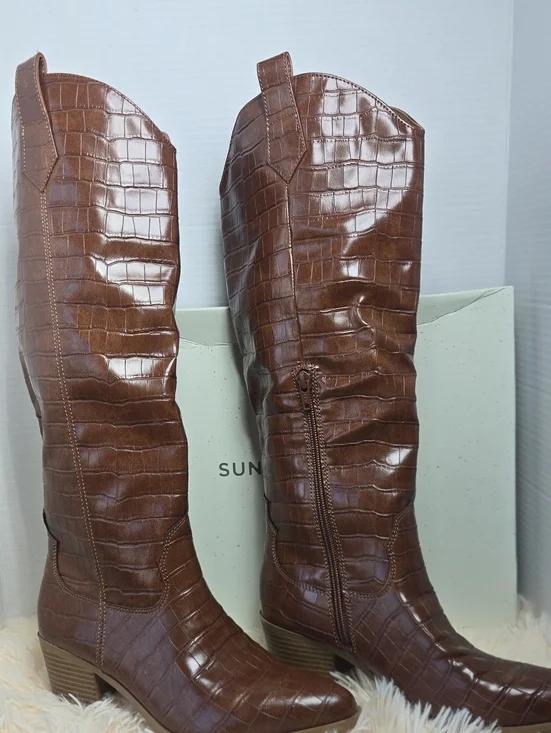 NWT Sun + Stone Brown Croc-Embossed Over-The-Knee Boots
