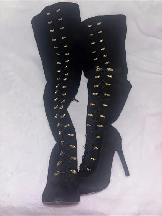 Black Over-the-Knee Lace-Up Stiletto Boots - Women