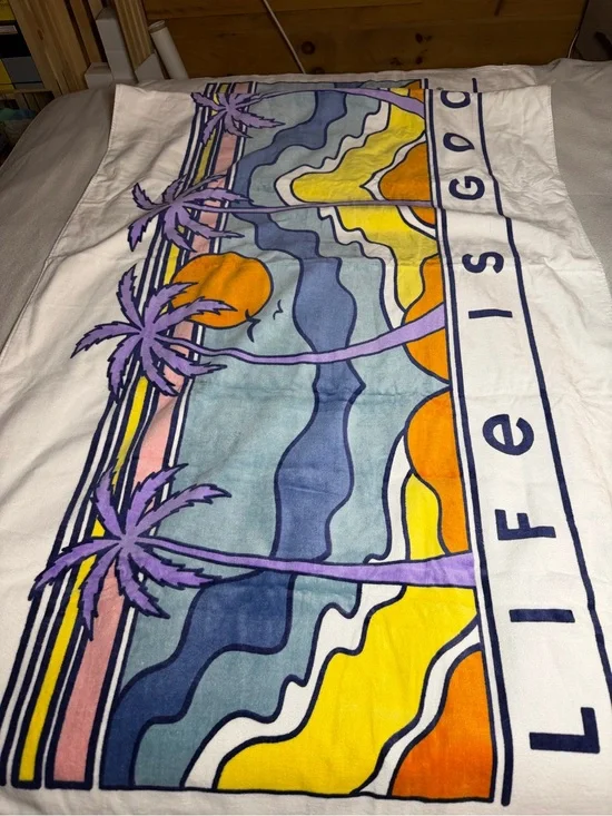 Life Is Good Purple Palm Coastal Sunset Beach Towel - Purple/Yellow/Orange/Blue
