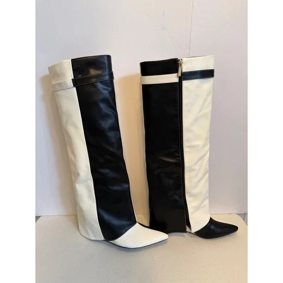 Cape Robbin Shark Padlock Black White Colorblock Knee High Boots Pointed Toe 10