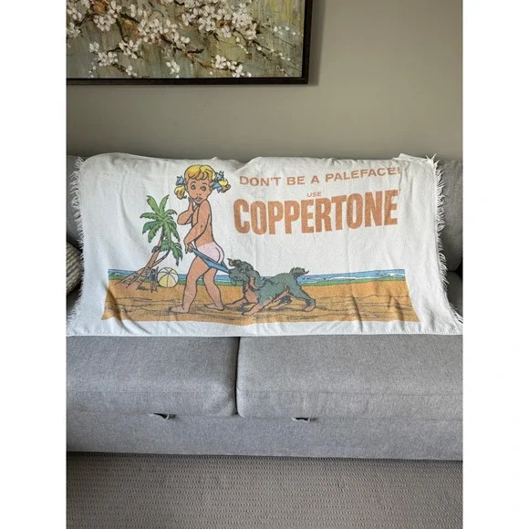 Vintage Coppertone Beach Towel Dont Be A Paleface Girl Dog Fringe White Retro