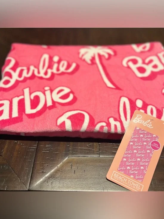 Barbie Signature Logo Palm Tree Pink and White Beach Towel