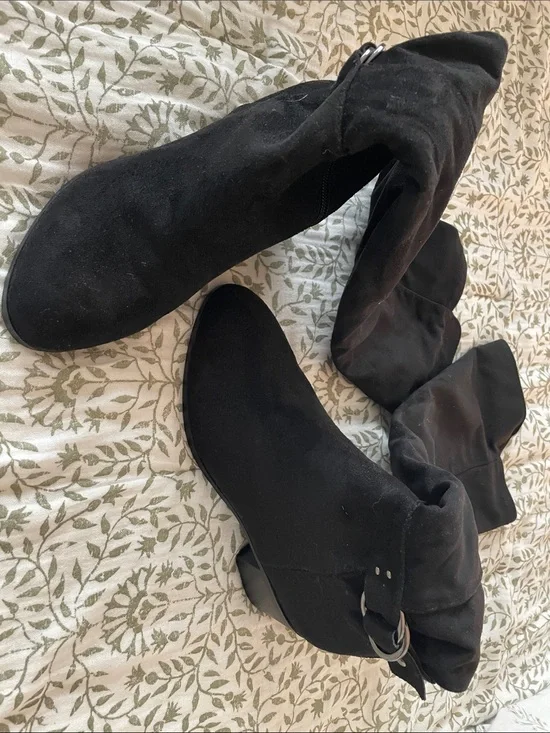Women's Black Suede Over-the-Knee Boots with Buckle Detail