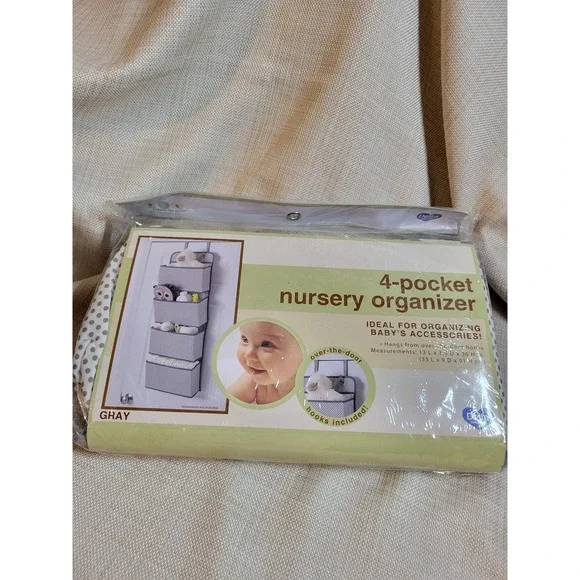 Delta Children 4-Pocket Nursery Organizer Over Door Gray White Polka Dot New
